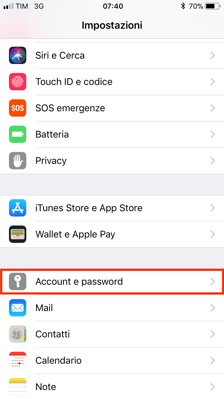 Impostazioni iPhone Account e password