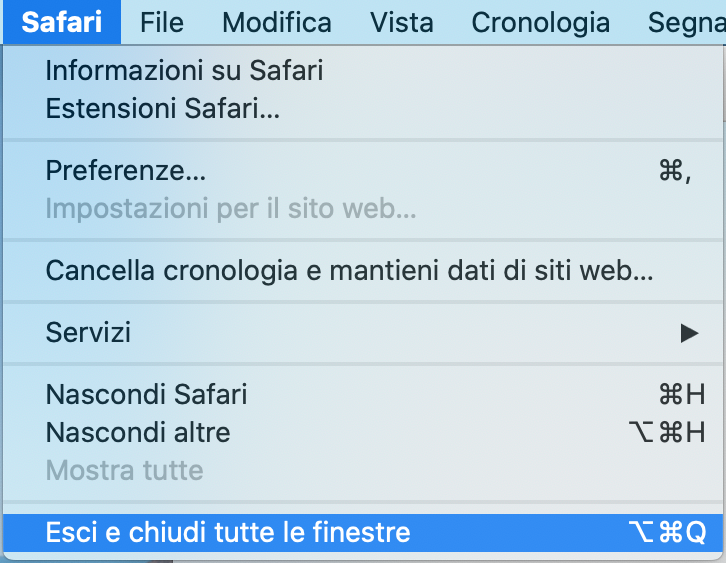 safari esci e chiudi finestre