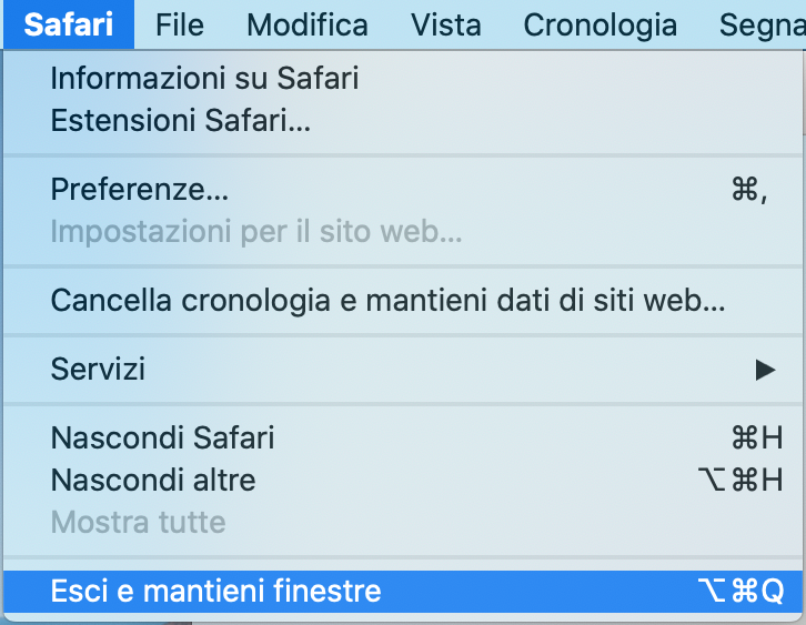 safari esci e mantieni finestre