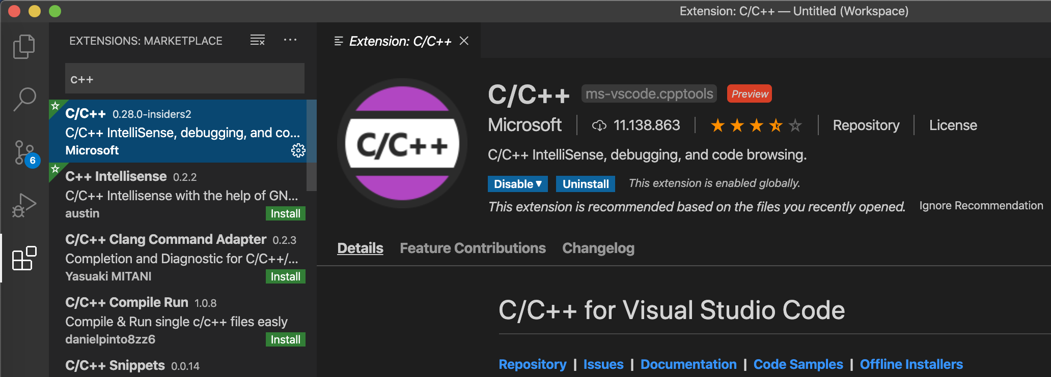 Visual Studio Code istallazione estensione c/c++